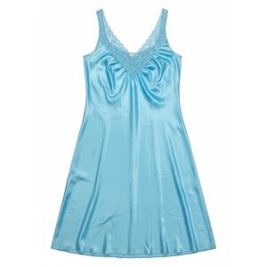 Stardust Blue Satin Lace Slip Dress Sz L Midi Dainty Coquette Whimsical Slit